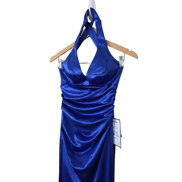 B Darlin Open Back Satin Royal Blue Size 5 Side Slit Maxi Dress NEW - Picture 7 of 9